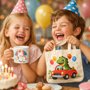 Deux enfants de 6 à 7 ans rient aux éclats lors d’un anniversaire joyeux. L’un tient un mug personnalisé avec une licorne, l’autre brandit un tote bag illustré d’un dinosaure en voiture. Décor festif, gâteau d’anniversaire, ballons colorés. Scène attendrissante qui évoque les cadeaux préférés des enfants.