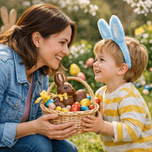Parent accroupi offrant des chocolats de Pâques à son enfant souriant